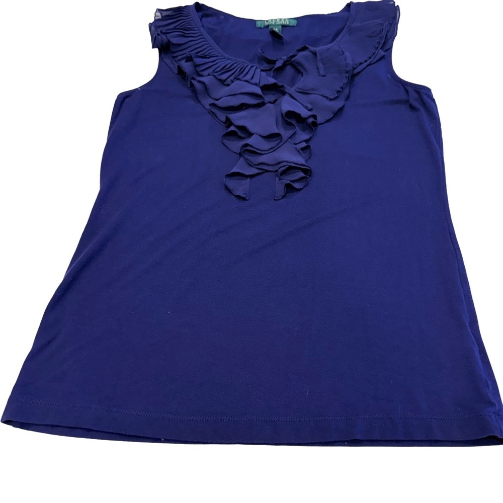 Lauren Ralph Lauren Women’s Ruffled Front Sleeveless Top Navy Sz S/P NWOT - Picture 2 of 9